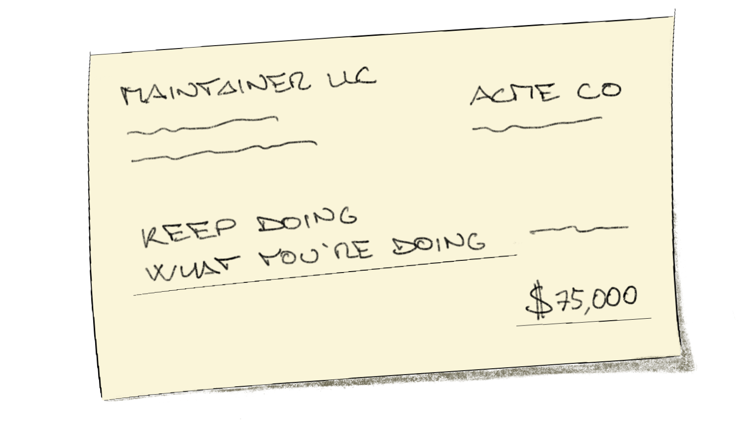 A sketch of an invoice from "Maintainer LLC" to "Acme Co". Only line item is "Keep doing what you're doing" and the total is $75,000.
