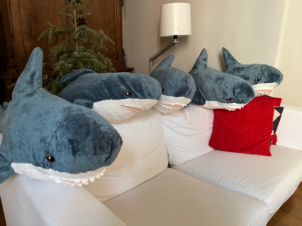 Five blue and white stuffed sharks, sitting on the back of a white sofa. They are all in slightly different poses and look like they are hanging out.